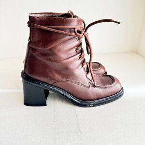 Vintage Chunky Square Toe Block Heel Leather Booties 9